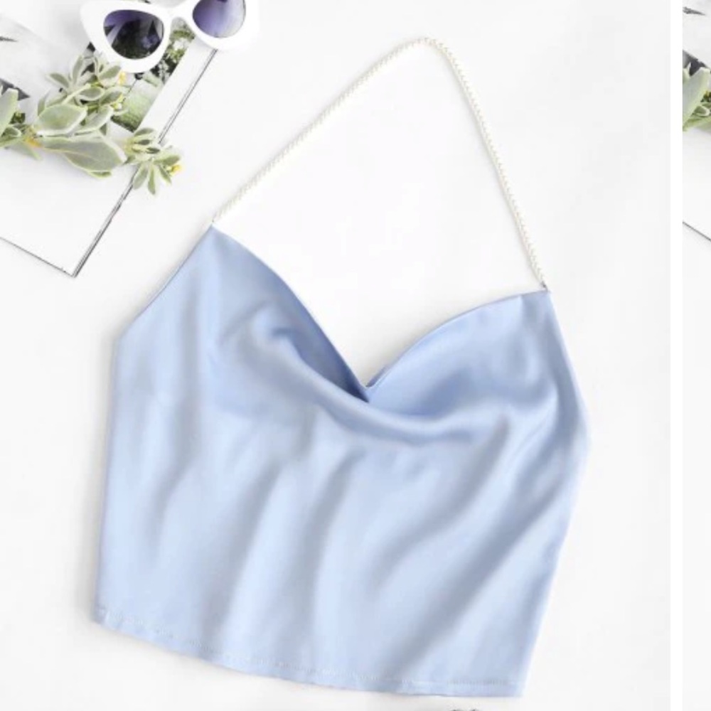 Silk backless halter crop top w/ pearls.